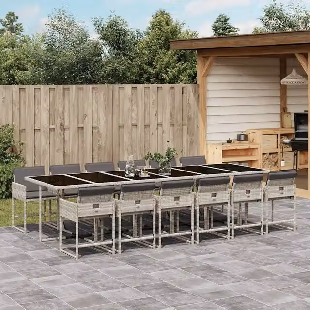 Set da Pranzo da Giardino 13pz con Cuscini Grigio in Polyrattan 3211307