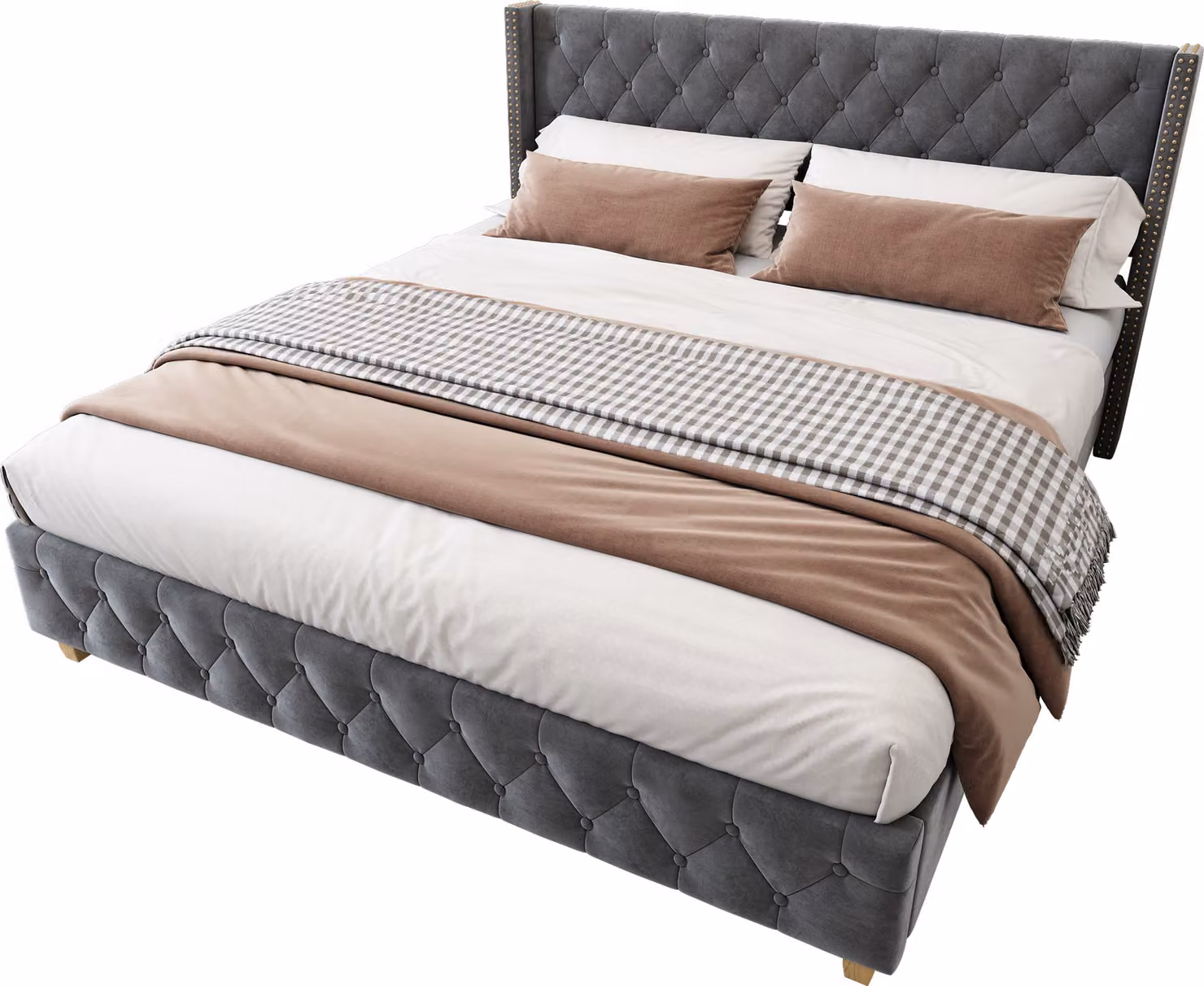 Letto imbottito 160×200 cm con rete a doghe e testiera, imbottitura con bottoni, imbottitura con rivetti, gambe in legno, velluto, grigio, velluto