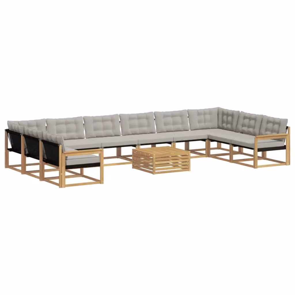 Set di divani da esterno vidaXL a forma di L composto da 11 pezzi in legno di acacia con cuscini bianchi e grigi e tavolino da caffè – 2