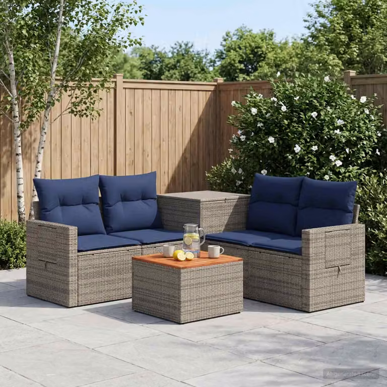 Set da giardino vidaXL composto da 6 pezzi con divani a L, tavolino da caffè e cuscini, in rattan sintetico e acciaio con rivestimento in tessuto resistente alle intemperie, colori grigio e blu navy