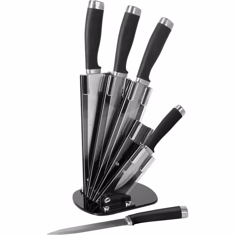 GUSTO CASA Set di Coltelli in Acciaio Inox con Supporto a Ventaglio Nero, 6 Pezzi