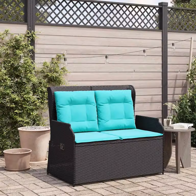 Panchina da giardino moderna vidaXL in rattan e metallo con braccioli, colore nero e turchese