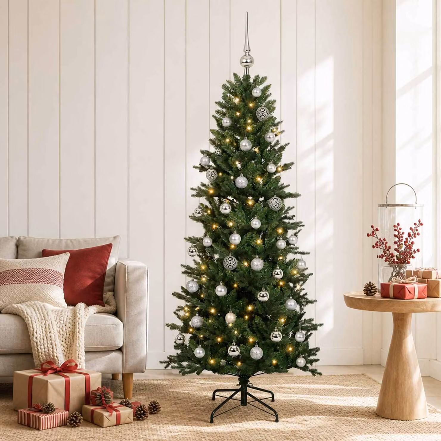 Albero di Natale artificiale con decorazioni natalizie, altezza 150 cm, 150 luci LED