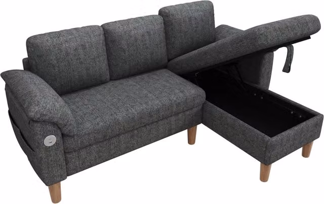 Divano angolare a L 3 posti in tessuto chenille grigio con chaise longue reversibile, presa USB/Type-C e tasche laterali