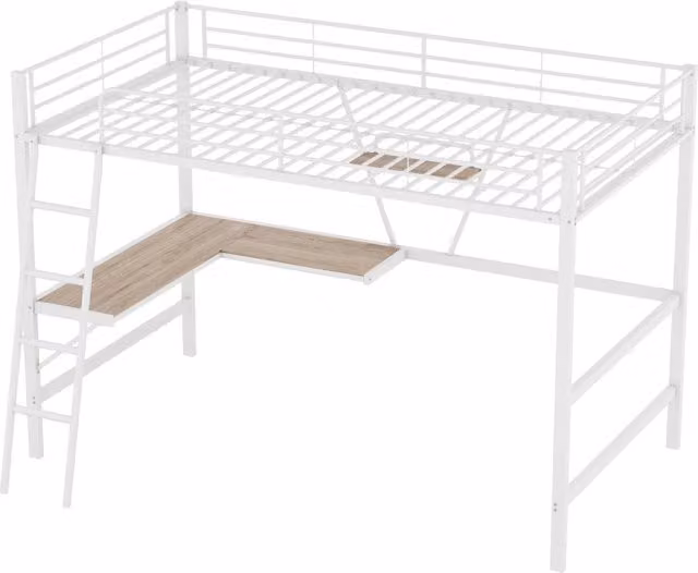 Letto a soppalco in metallo 90x200 cm con scrivania a L e mensola, colore bianco, senza materasso