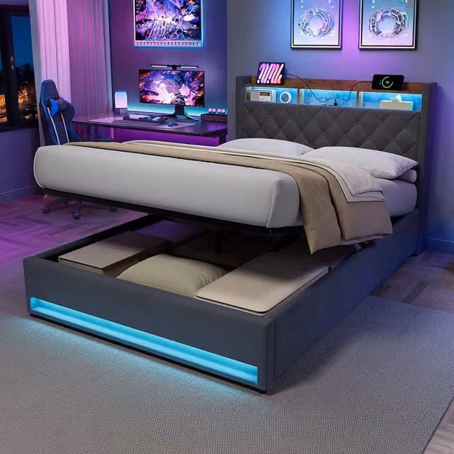 Letto contenitore 140x200 cm con LED; porte USB e prese; testiera con mensola; rete a doghe; velluto grigio