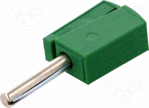 1 connettore a banana da 20A, 4 mm, verde, 40 mm di lunghezza, isolato: no, peso: 3,86 g, codice prodotto: 215-411