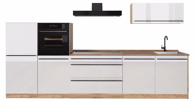 Cucina componibile Vicco R-Line Bianco lucido/Rovere dorato 340 cm senza piano di lavoro, Model 66540