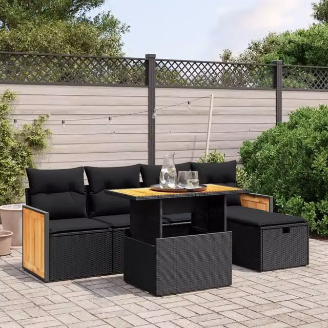 Set Divano da Giardino 6 pz con Cuscini Nero in Polyrattan 3276240