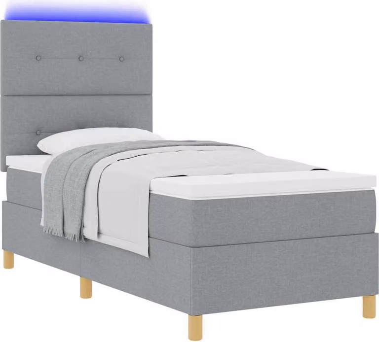 Letto boxspring a LED con testiera grigio chiaro 100 x 200 cm in tessuto