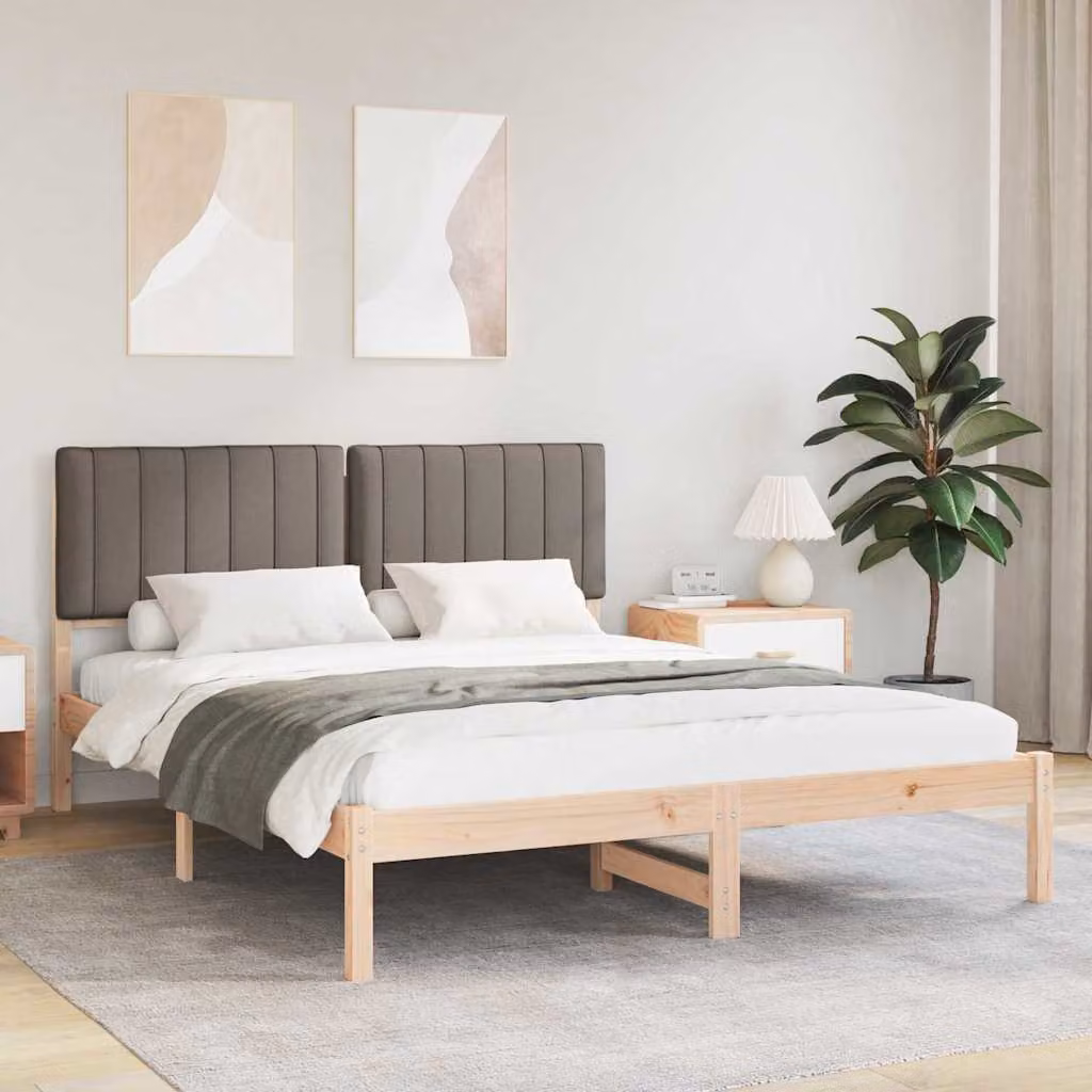 Letto con Testiera Rivestita in Tessuto vidaXL in Pino Massello, Colore Beige o Grigio, L/P: 150 x 200 cm – 1
