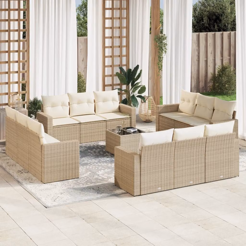 vidaXL Set Divano da Giardino 13 pz a Forma a L con Cuscini Beige e Tavolino da Esterno in Polyrattan e Acciaio – 1