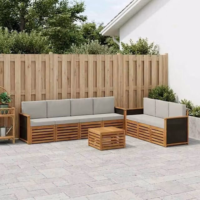 Set di divani da giardino vidaXL a forma di L composto da 8 pezzi in legno di acacia con cuscini beige e grigi