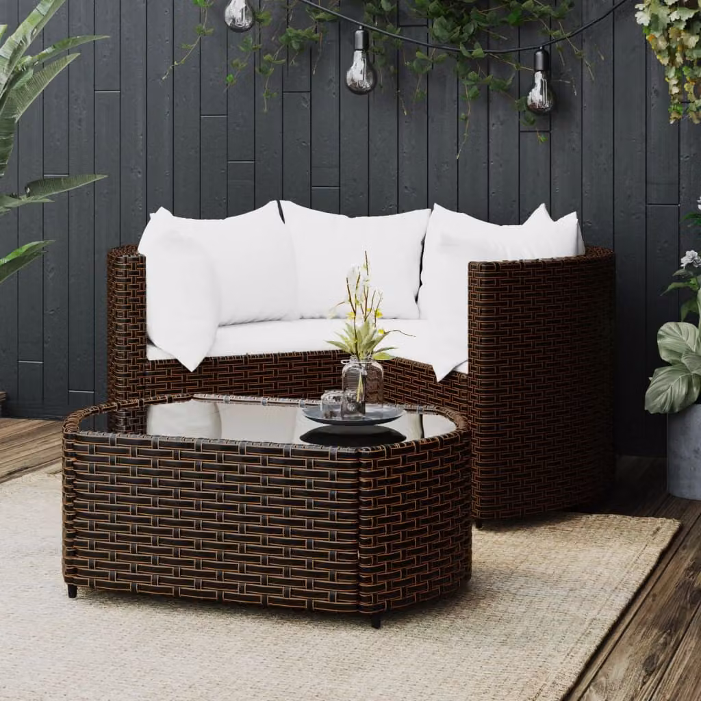 Set da giardino moderno vidaXL composto da 4 pezzi con divano a 2 posti, elemento angolare, tavolino da caffè e cuscini in schiuma, struttura in metallo e rattan color marrone e bianco