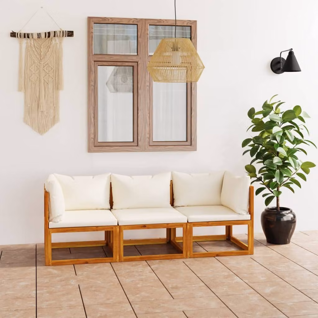 The Living Store Divano da giardino a 3 posti con cuscino in legno massiccio di acacia crema
