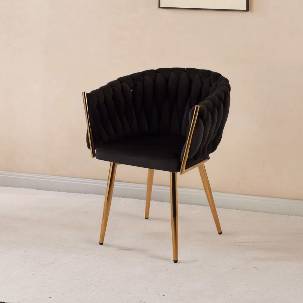 Poltrona in velluto intrecciato nero con gambe in metallo placcato oro design moderno per salotto, camera o cucina – 2