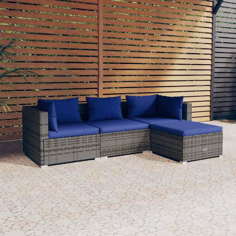 Set di divani da giardino vidaXL a forma di L composto da 4 pezzi con cuscini blu e struttura in rattan grigio e metallo