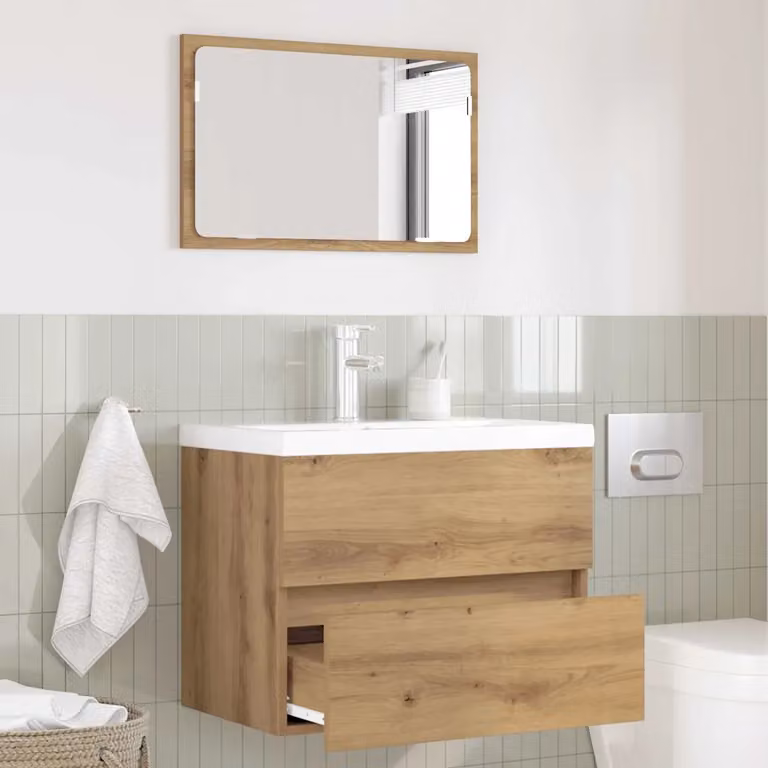 Set di mobili per il bagno vidaXL 2 pezzi moderno in rovere e metallo marrone e argento, composto da mobile lavabo e armadietto a specchio sospeso, L/P/H: 60,0 x 38,5 x 45,0 cm