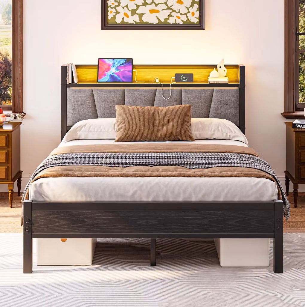 Letto matrimoniale moderno MODFU in tessuto e metallo con illuminazione LED, porte USB e ripiani laterali, L/P: 140 x 190 cm, nero e grigio – 2