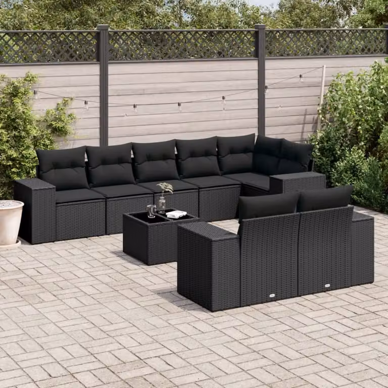 Set di divani da giardino vidaXL 9 pz in polyrattan nero con cuscini e tavolino da esterno a forma di L