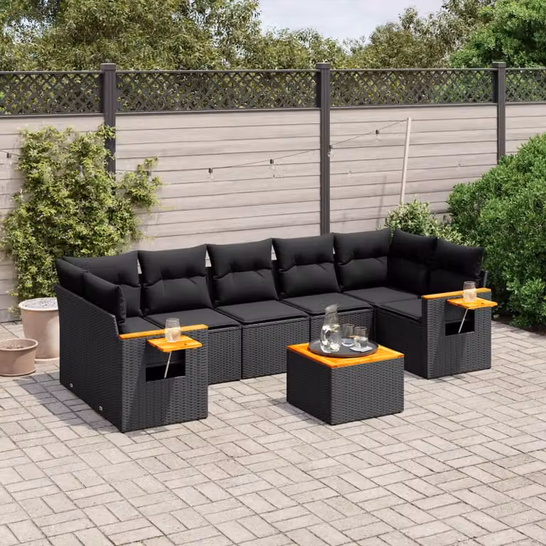 Set Divani da Giardino a L vidaXL in Polyrattan Nero con Cuscini e Tavolino da Esterno
