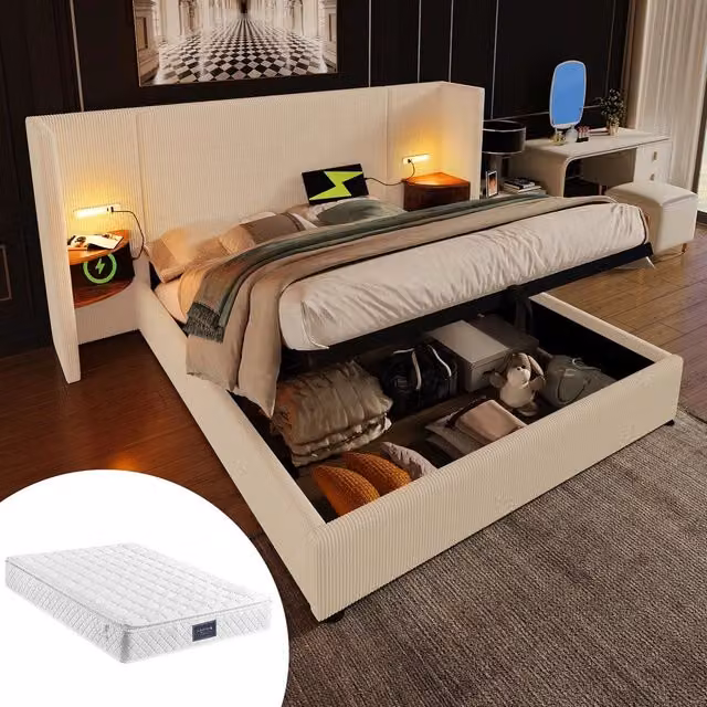 Letto Contenitore Matrimoniale Imbottito con Comodini ¨C MINIMAL ¨C Cordoncino Beige/Bianco, Doghe Massello, 160x200