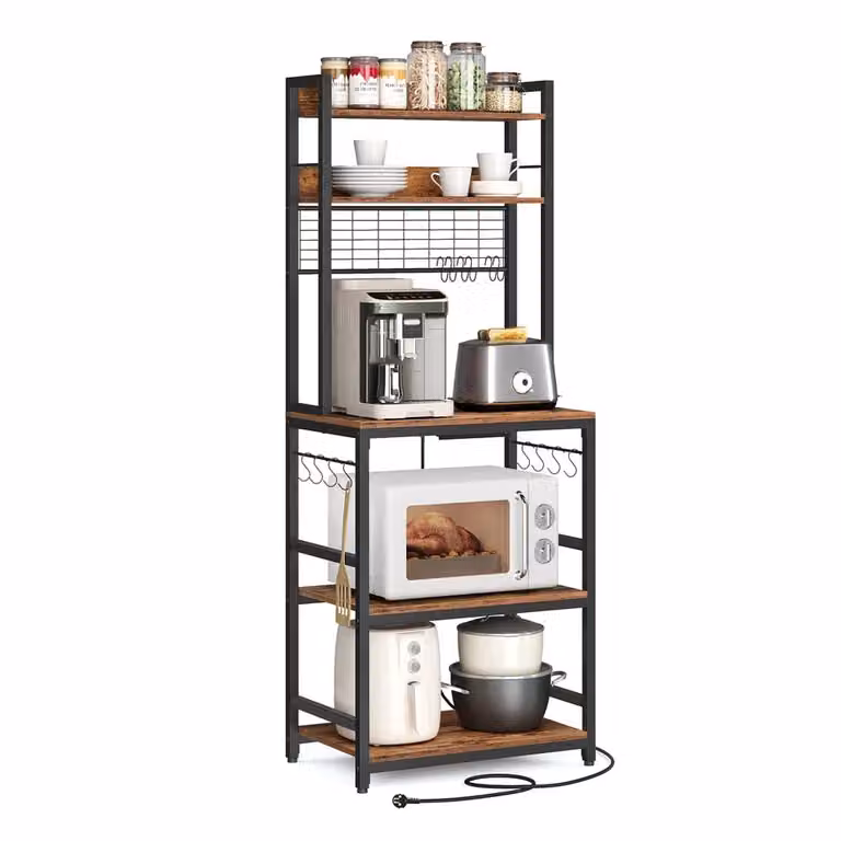 Scaffale da Cucina con Prese Ganci per Microonde, Marrone Vintage + Nero / 40 x 60 x 170 cm