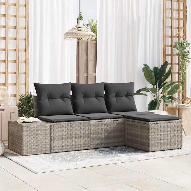 Set Divano da Giardino vidaXL 4 pz Grigio con Tavolino e Pouf in Polyrattan e Metallo