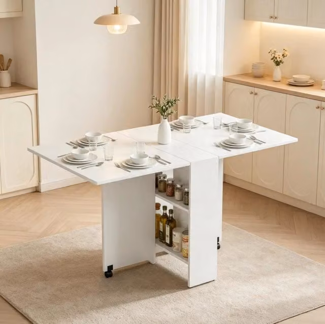 Tavolo da pranzo pieghevole bianco con ruote, dimensioni regolabili, struttura in truciolato