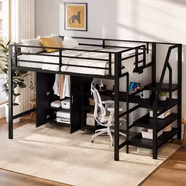 Letto a soppalco per bambini 140x200 cm con armadio, scrivania e scaffali, struttura in metallo e MDF, colore nero