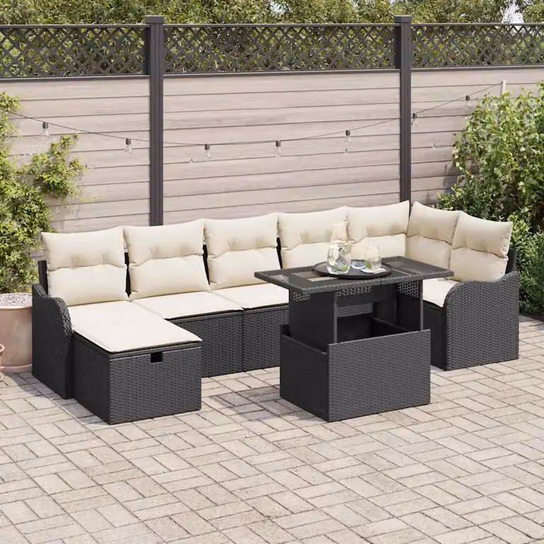 Set Divano da Giardino vidaXL 8 Pezzi in Polyrattan Nero con Cuscini e Tavolino da Esterno