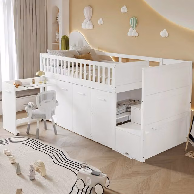 Letto a castello multifunzione per bambini con protezione anticaduta, scrivania, armadio, 2 armadietti nella scala, pino e MDF - Bianco 90x200 cm