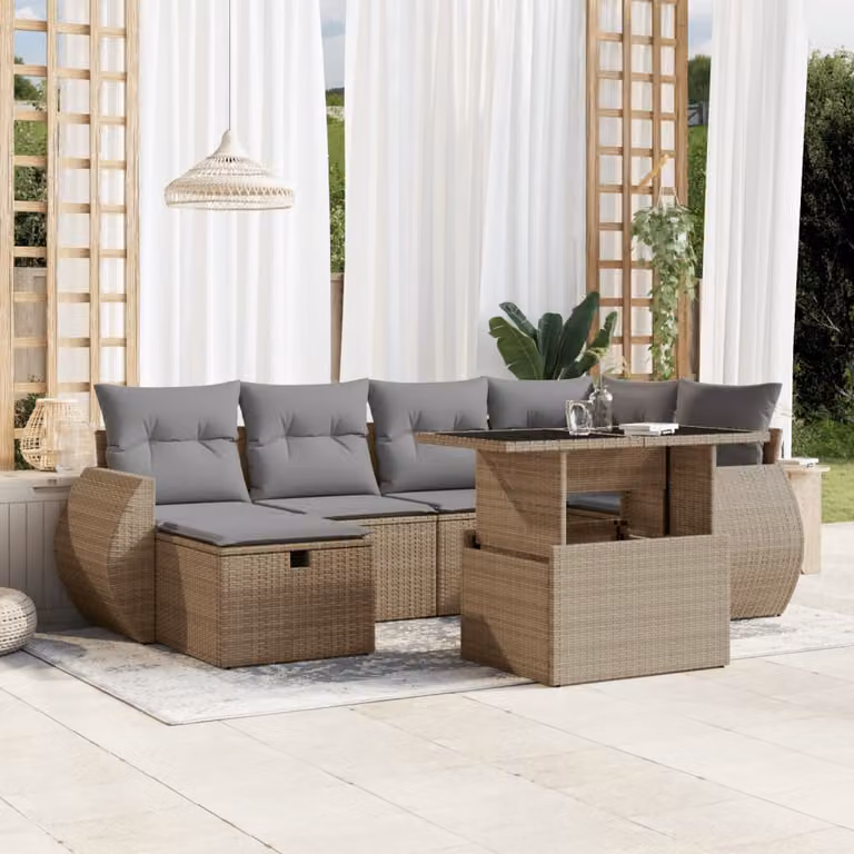 vidaXL Set Divani da Giardino 7 pz in Polyrattan con Cuscini Beige e Grigio per Terrazza e Giardino