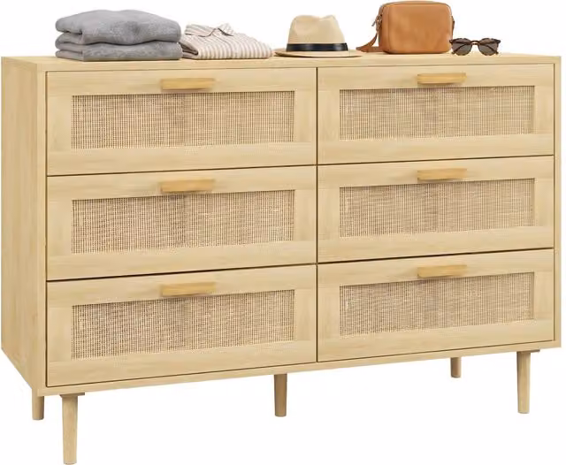 Cassettiera 6 Cassetti in Legno e Rattan 110x40x75 cm Mobile Multiuso Resistente Stile Boho per Camera da Letto e Soggiorno