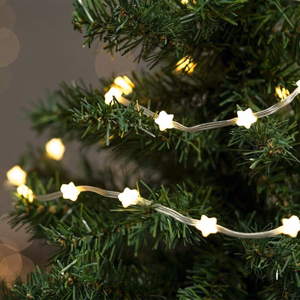 Catena luminosa a LED a forma di stella, 30 LED, luce bianco caldo, con timer, lunghezza 1,95 metri