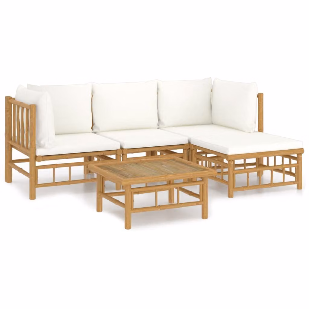 Set Salotto da Giardino 5pz con Cuscini Bianco Crema in Bambù