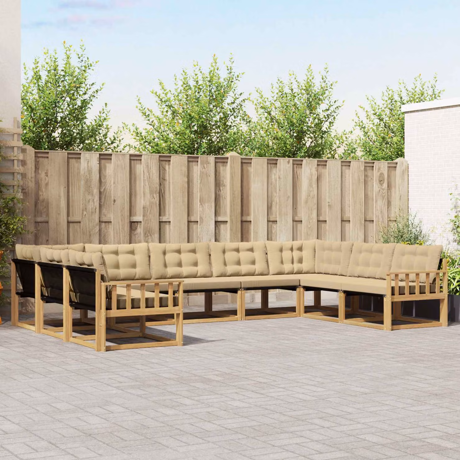 vidaXL Set di divani da esterno a L composto da 9 pezzi in legno di acacia e tessuto textilene, Bianco e Beige