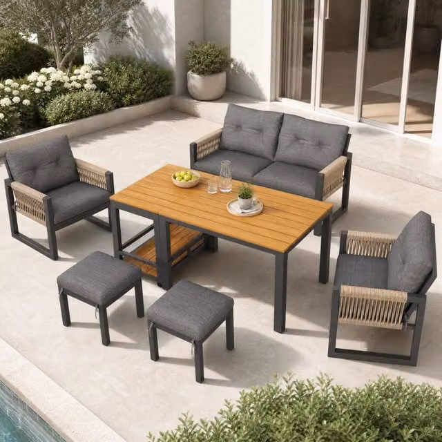 Set salotto da esterno con divano a 2 posti, poltrona lounge e tavolino da caffè, struttura in acciaio verniciato a polvere e cuscini in tessuto grigio resistente ai raggi UV – 1