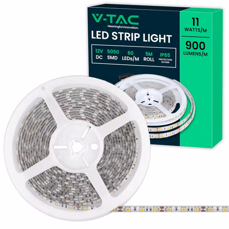 Striscia LED V-TAC per esterni, grado di protezione IP65, impermeabile, 11 W, 5 metri, tecnologia SMD 5050, alta luminosità, include striscia adesiva e copertura in silicone, 12 Volt, luce a 6500 K, bianco freddo