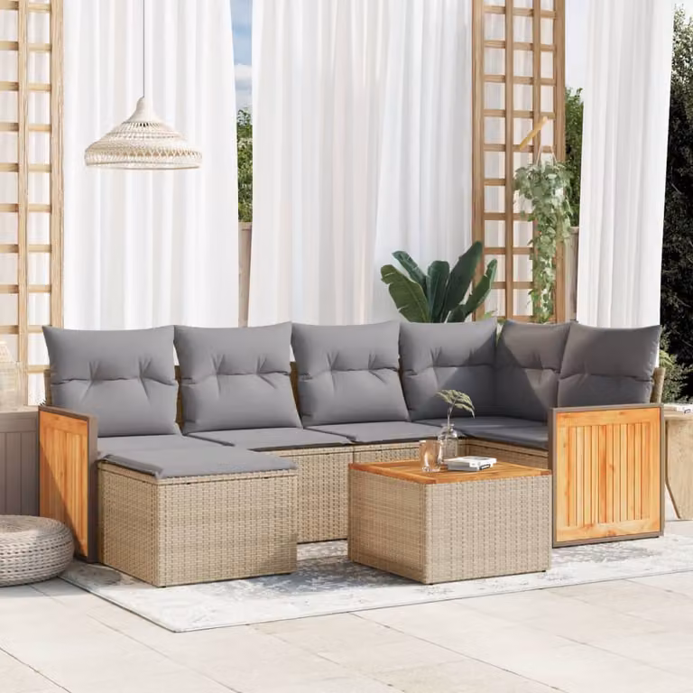vidaXL Set Divani da Giardino 7 pz in Polyrattan con Cuscini Beige e Tavolino da Esterno
