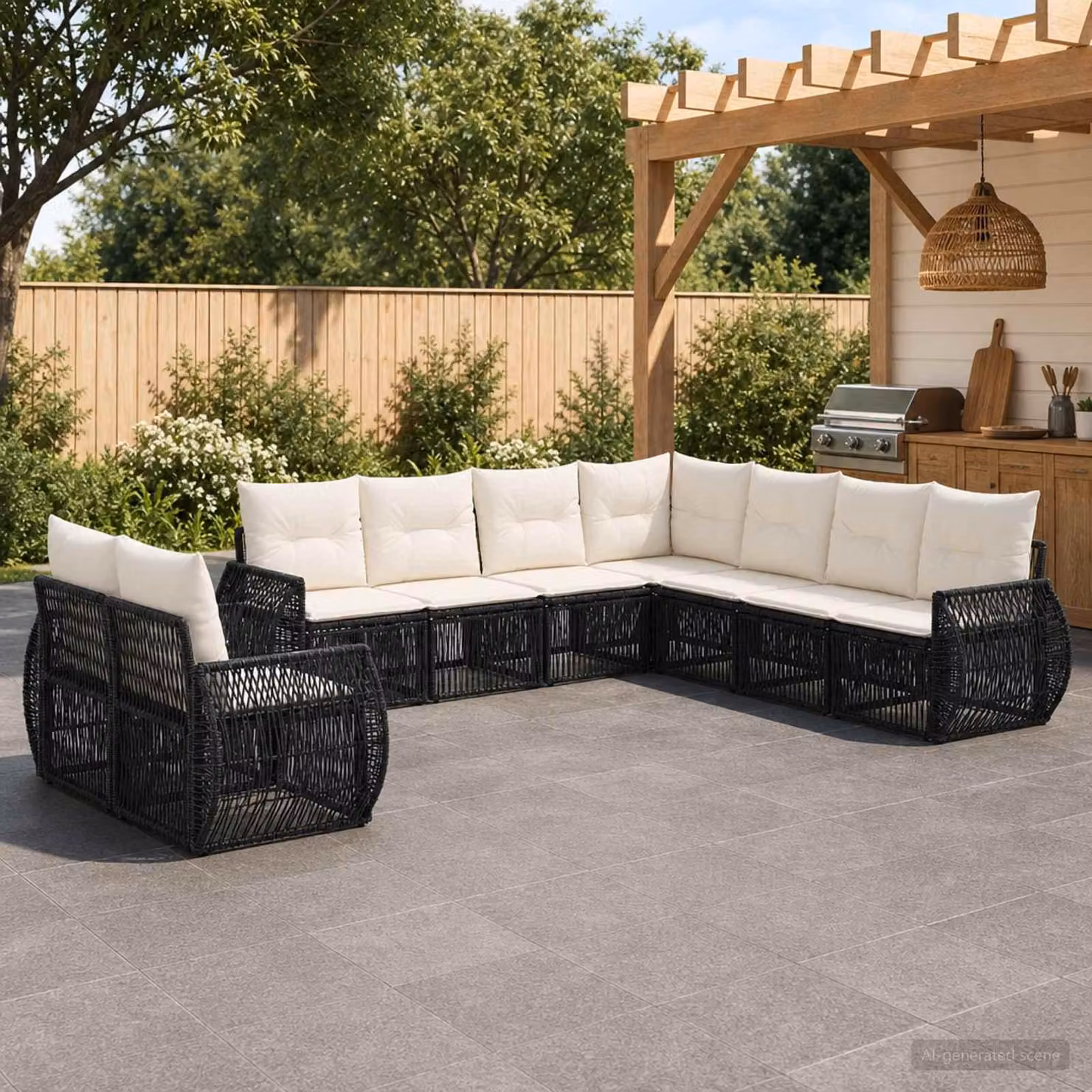 Maison Exclusive - Set da giardino composto da 9 pezzi. Divano e poltrone in rattan sintetico, colore nero e crema