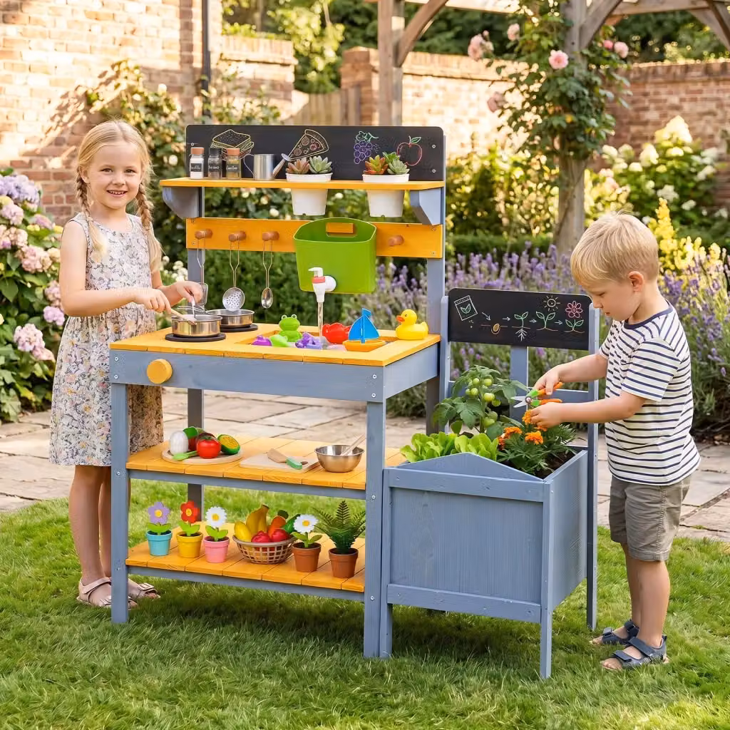 Cucina da gioco per bambini in legno multicolore con fioriera, lavello, padella e 3 ripiani aperti – 2