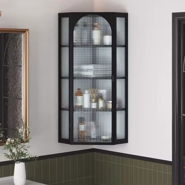 Armadietto a parete angolare Minimal nero con ante in vetro trasparente e 4 ripiani per bagno, cucina o camera da letto, H 105 cm x L 40 cm x P 40 cm