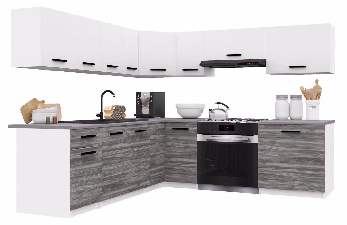 Belini - Angolo cottura moderno ITALIA 7 - Mobili da cucina 420 cm bianco-grigio Glamour opaco - Cucina componibile con pensili, mobili base e piani di lavoro