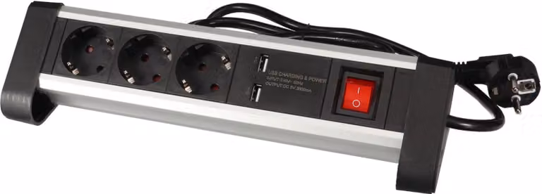 Presa di corrente da tavolo con 3 prese e 2 porte di ricarica USB - 2,4 A - Schuko