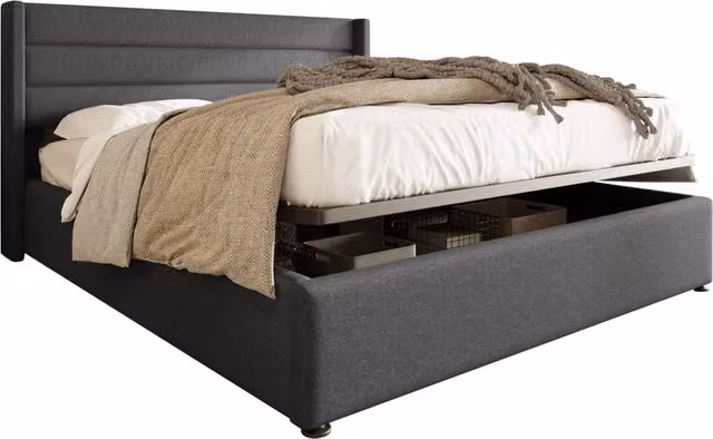 Letto Matrimoniale 180x200 Imbottito in Lino Grigio con Contenitore Idraulico e Rete a Doghe