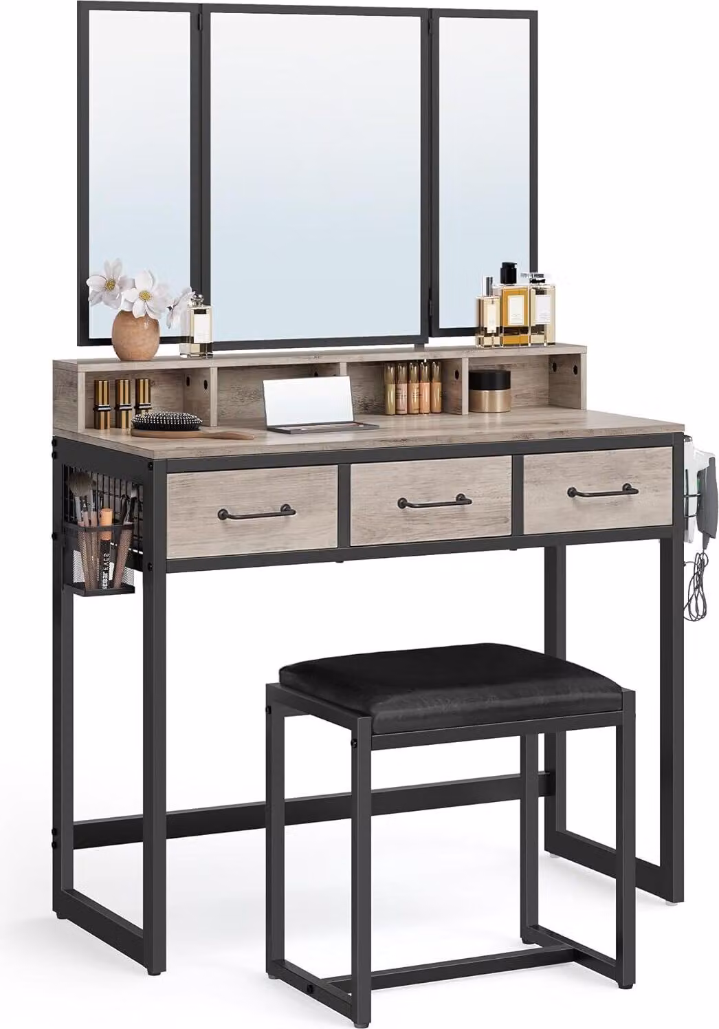 VASAGLE tavolo da toilette con specchio pieghevole a 3 pezzi, porta asciugacapelli, tavolo cosmetico con sgabello imbottito, 3 cassetti, design industriale