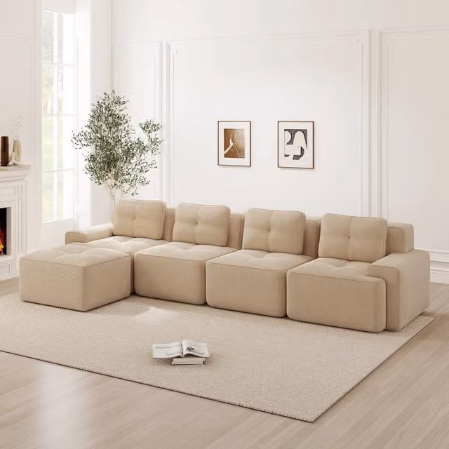 Divano Modulare Chaise Longue MINIMAL a 4 Posti in Velluto a Coste Beige con Forma a L e Orientamento Sinistro