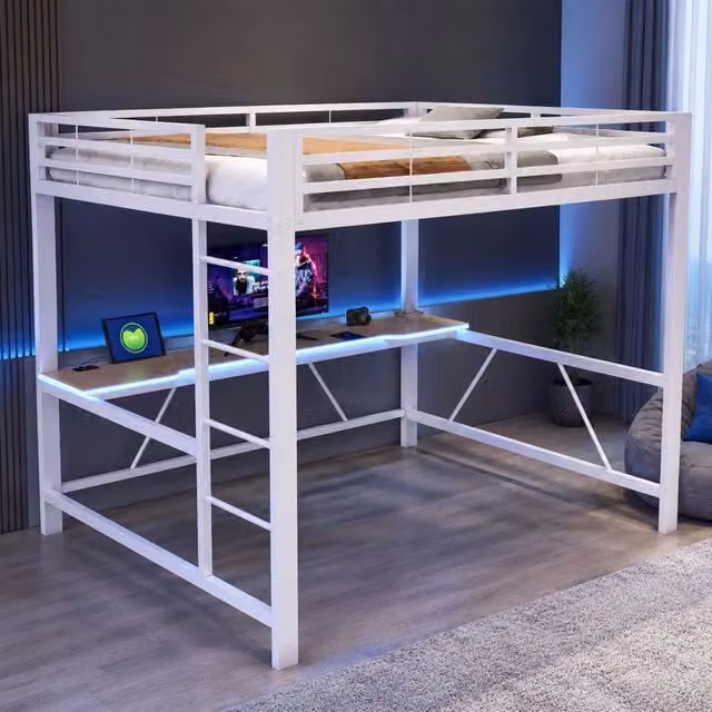 Letto a soppalco con scrivania e LED 160x200 cm; bianco