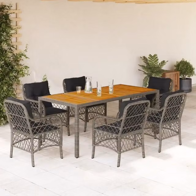 Set da pranzo da giardino vidaXL in legno di acacia e rattan grigio con tavolo a ribalta 7 pezzi